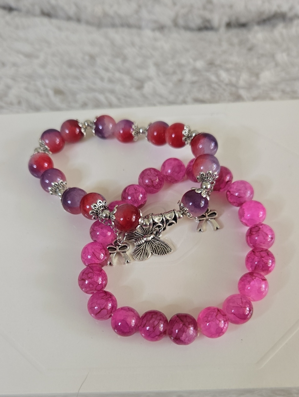 Pink and Purple Beaded Butterfly Charm Bracelet Set